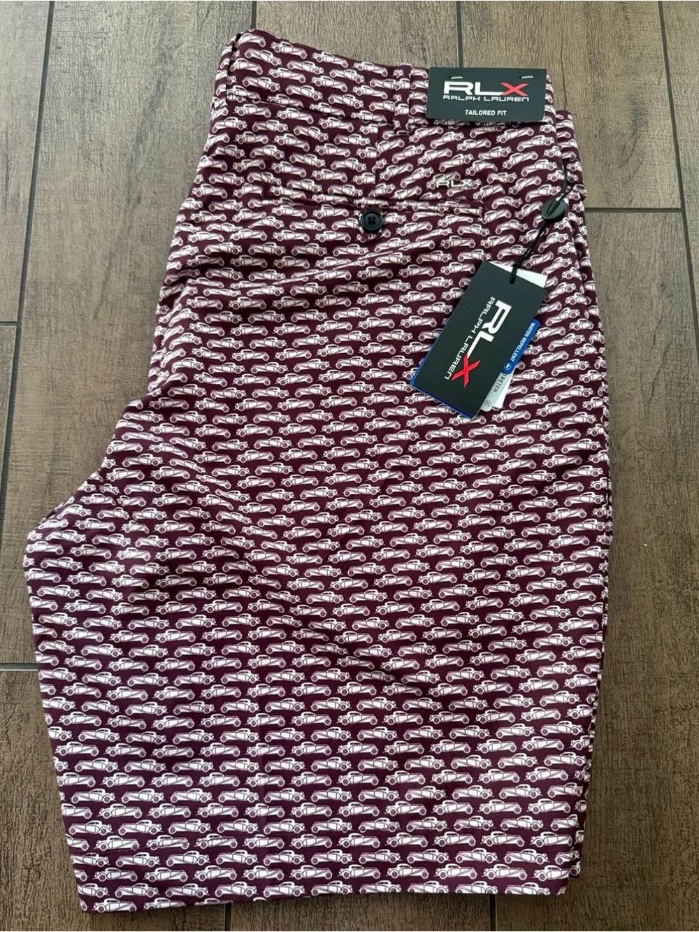 Ralph Lauren RLX Golf Shorts Burgundy Vintage Car Print Tailored Fit Men Size 38